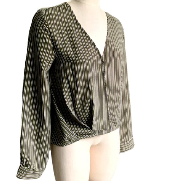 Hem & Thread Striped Long Sleeve Surplice V-Neck Blouse Sz L Olive Green 44G - Picture 3 of 7